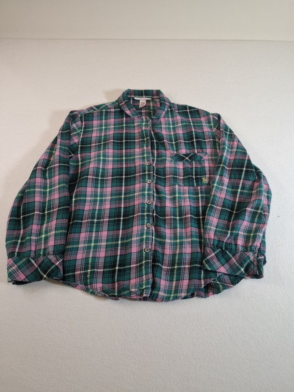 Victoria's Secret Green & Pink Plaid Button-Up Shirt